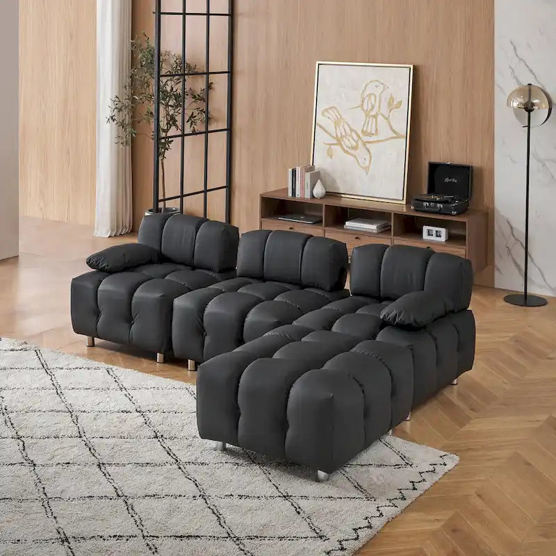 Sofá seccional plegable de 4 plazas con chaise longue, negro/naranja/blanco
