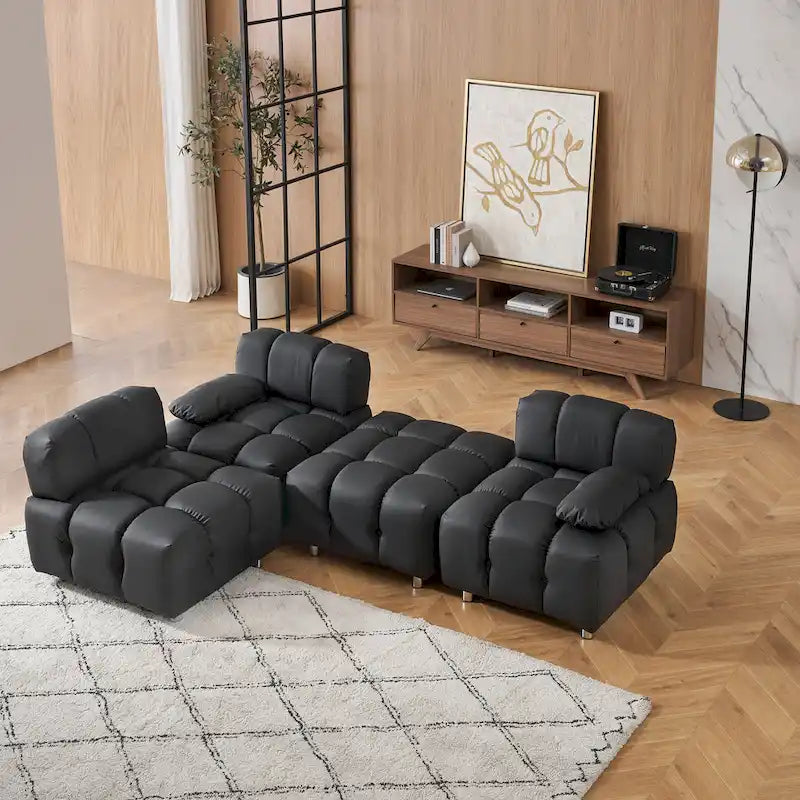 Sofá seccional plegable de 4 plazas con chaise longue, negro/naranja/blanco