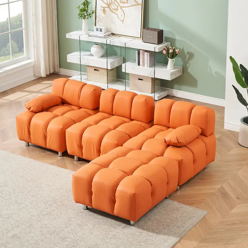 Sofá seccional plegable de 4 plazas con chaise longue, negro/naranja/blanco