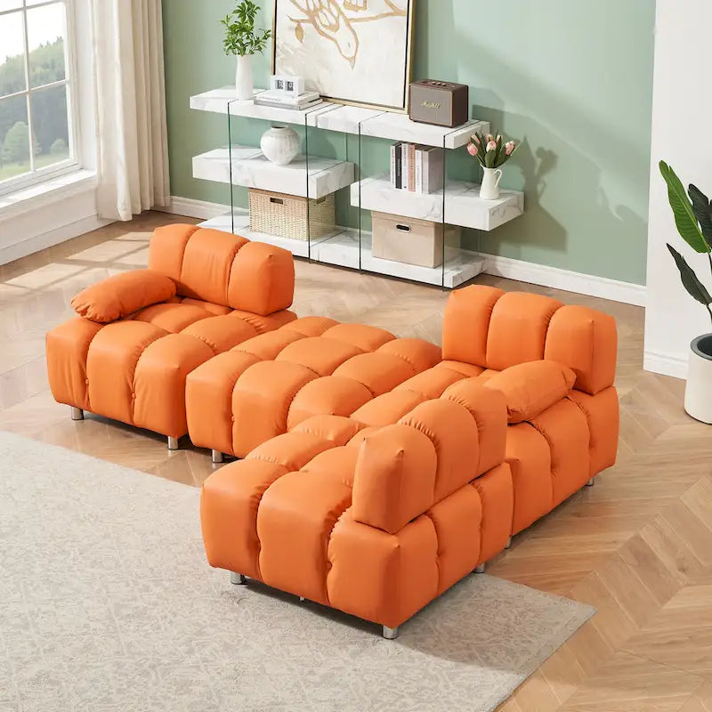 Sofá seccional plegable de 4 plazas con chaise longue, negro/naranja/blanco
