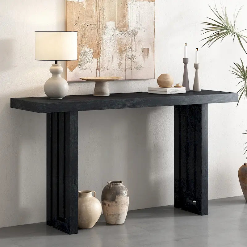 Mesa Consola de 150 cm, Natural/Negro, MDF + Chapa de Roble, Requiere Ensamblaje por 1 Persona, Recibidor y Sala de Estar