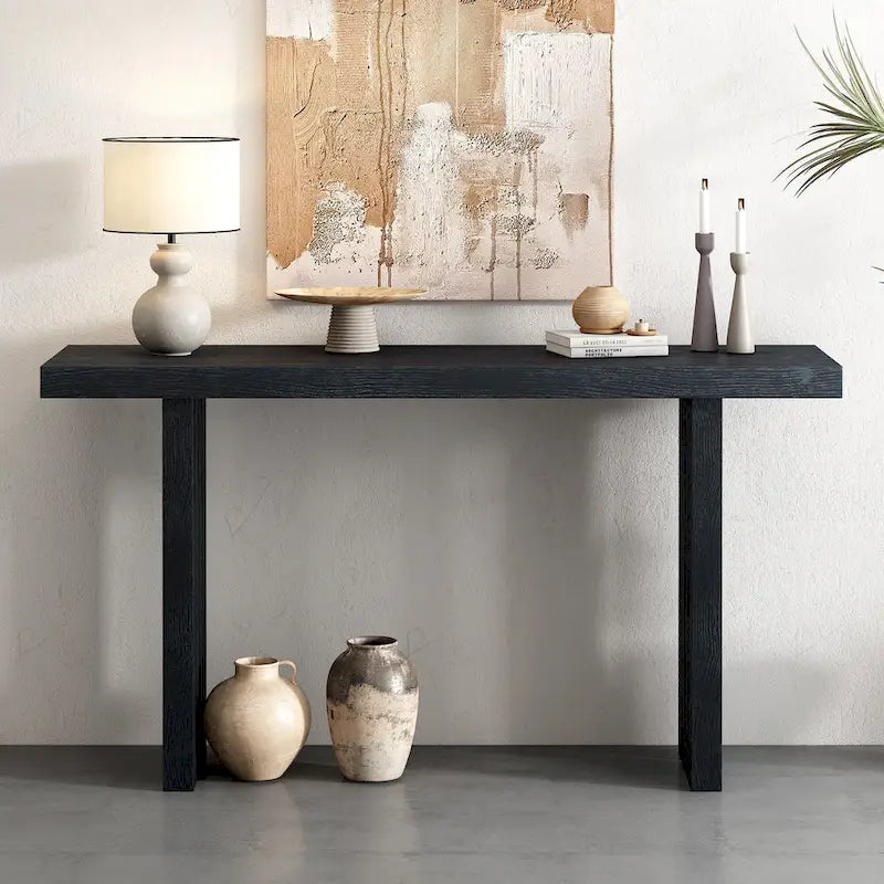 Mesa Consola de 150 cm, Natural/Negro, MDF + Chapa de Roble, Requiere Ensamblaje por 1 Persona, Recibidor y Sala de Estar