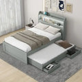 Cama plataforma Twin XL gris con cabecero LED, nido y 2 cajones, para 2 personas