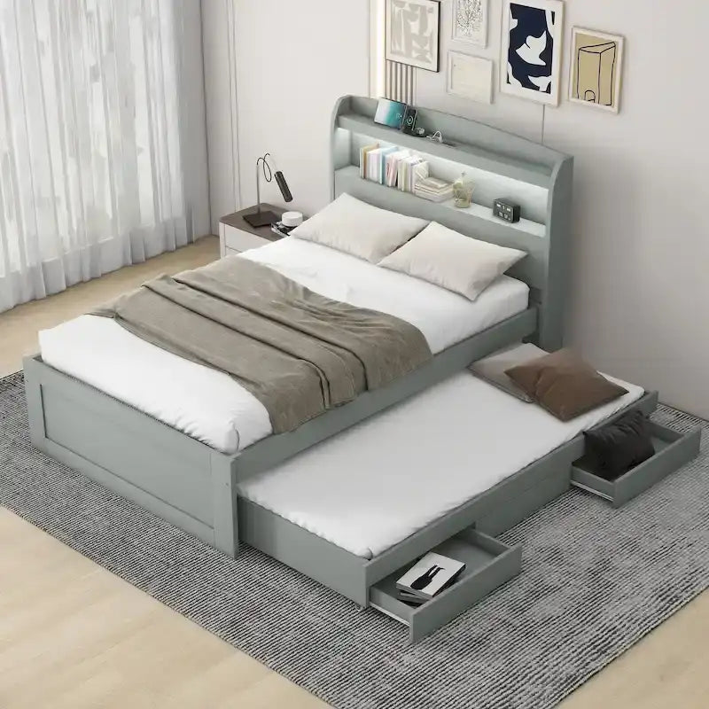 Cama plataforma Twin XL gris con cabecero LED, nido y 2 cajones, para 2 personas