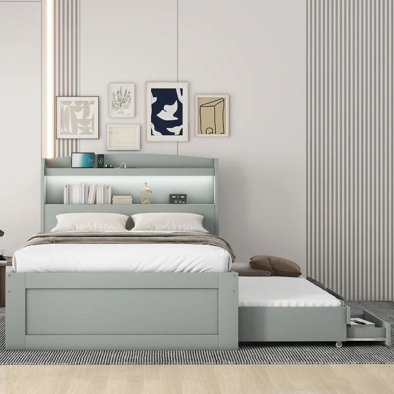 Cama plataforma Twin XL gris con cabecero LED, nido y 2 cajones, para 2 personas