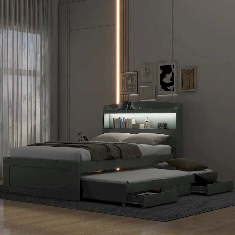 Cama plataforma Twin XL gris con cabecero LED, nido y 2 cajones, para 2 personas