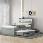 Cama plataforma Twin XL gris con cabecero LED, nido y 2 cajones, para 2 personas