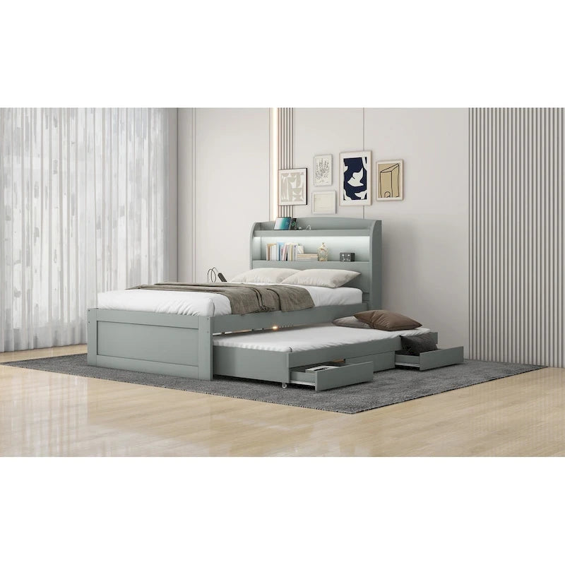 Cama plataforma Twin XL gris con cabecero LED, nido y 2 cajones, para 2 personas