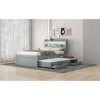 Cama plataforma Twin XL gris con cabecero LED, nido y 2 cajones, para 2 personas