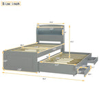 Cama plataforma Twin XL gris con cabecero LED, nido y 2 cajones, para 2 personas