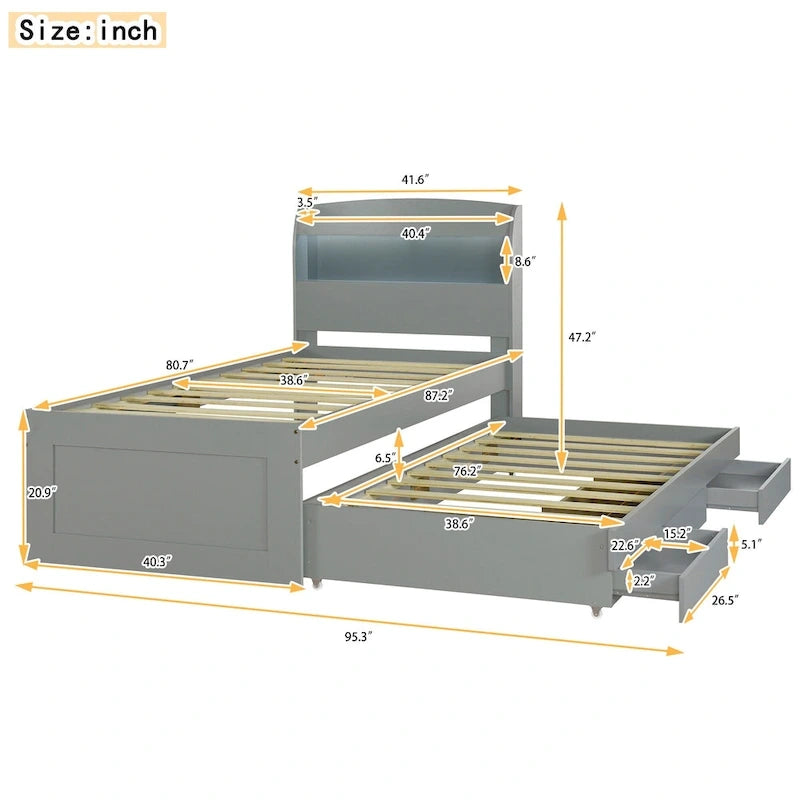Cama plataforma Twin XL gris con cabecero LED, nido y 2 cajones, para 2 personas