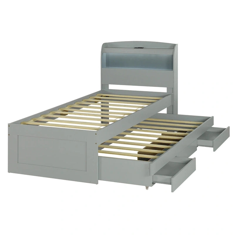 Cama plataforma Twin XL gris con cabecero LED, nido y 2 cajones, para 2 personas
