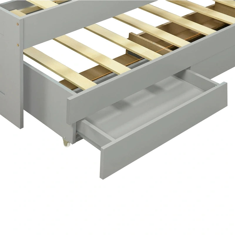 Cama plataforma Twin XL gris con cabecero LED, nido y 2 cajones, para 2 personas