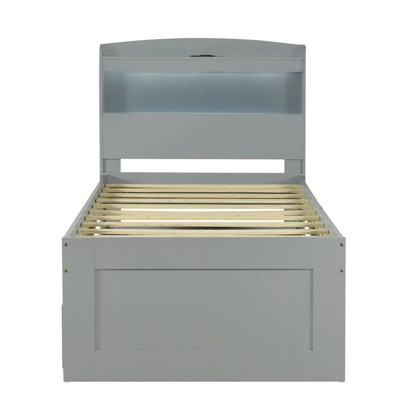 Cama plataforma Twin XL gris con cabecero LED, nido y 2 cajones, para 2 personas