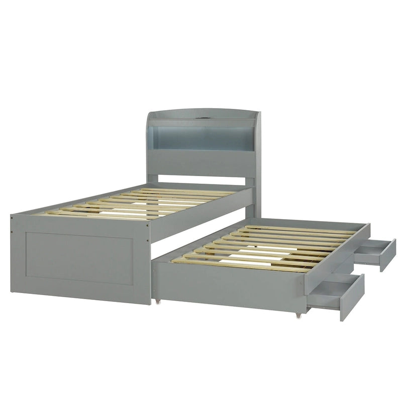 Cama plataforma Twin XL gris con cabecero LED, nido y 2 cajones, para 2 personas