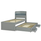 Cama plataforma Twin XL gris con cabecero LED, nido y 2 cajones, para 2 personas