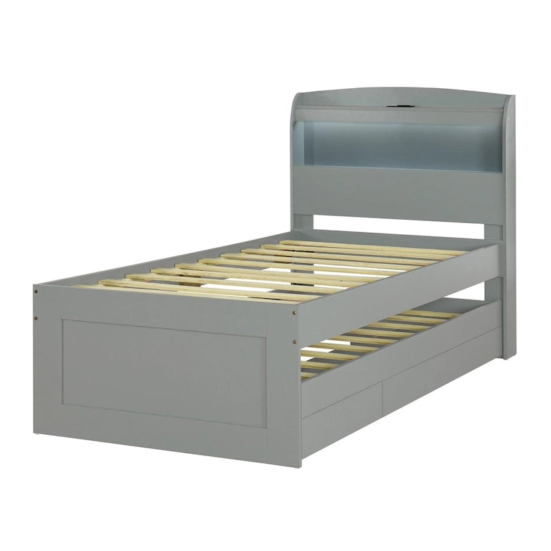 Cama plataforma Twin XL gris con cabecero LED, nido y 2 cajones, para 2 personas