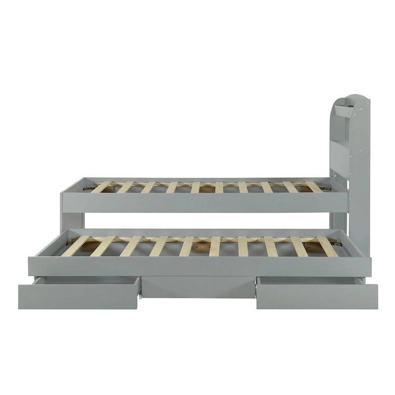 Cama plataforma Twin XL gris con cabecero LED, nido y 2 cajones, para 2 personas