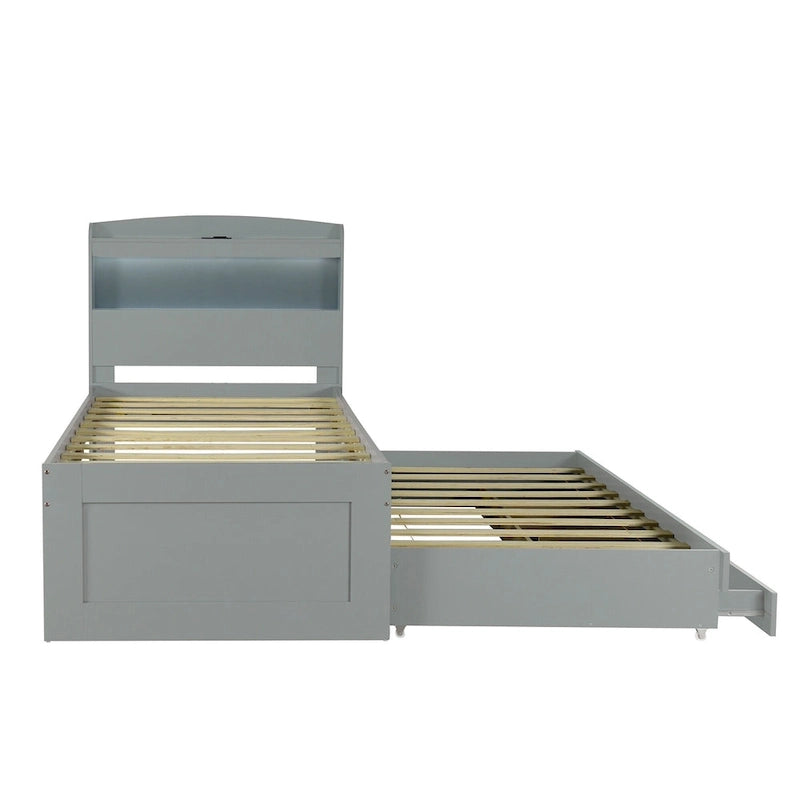 Cama plataforma Twin XL gris con cabecero LED, nido y 2 cajones, para 2 personas