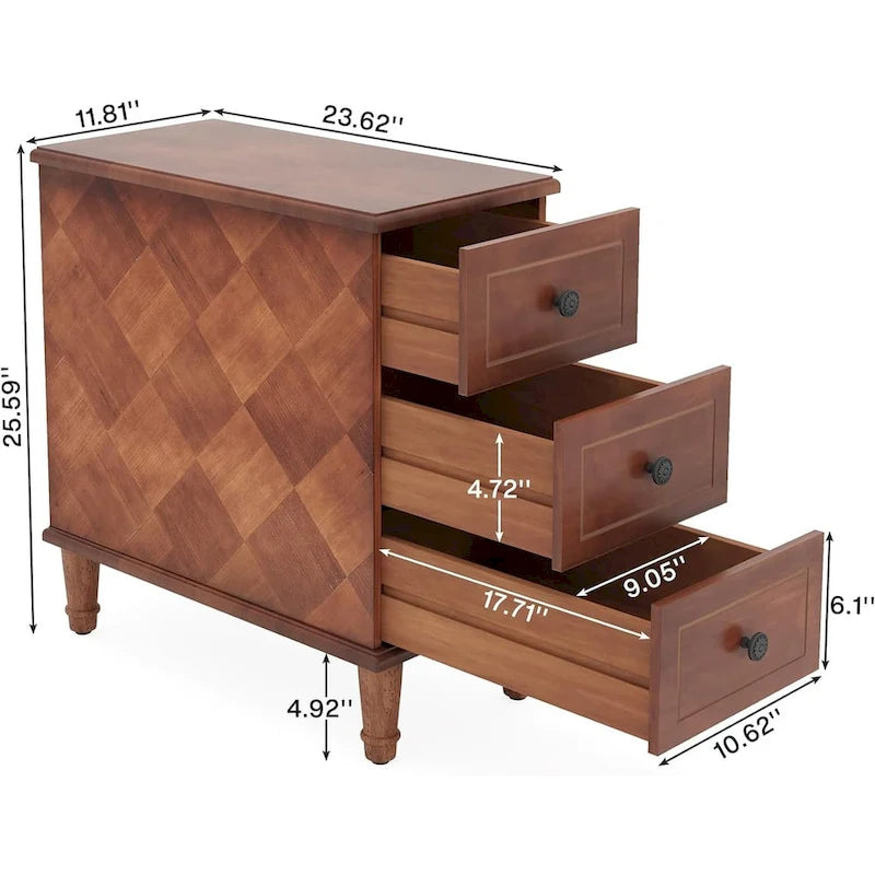 Mesitas de noche con 3 cajones, estilo retro, color marrón/madera/negro, juego de 2