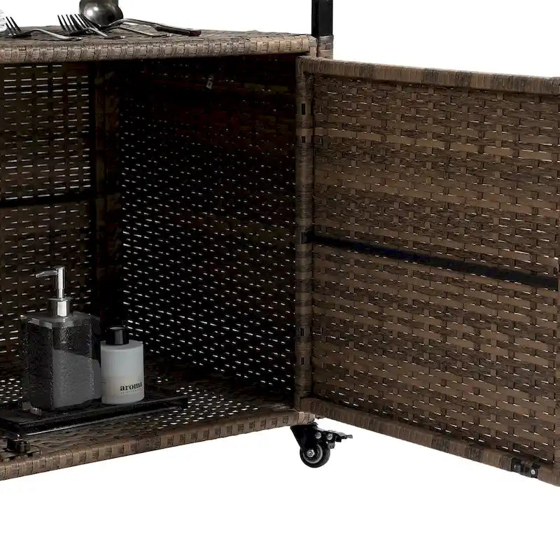 Carro Bar de Ratán Marrón Claro con Tapa de Cristal y Ruedas de 360°, para 1 Persona
