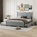 Cama plataforma queen gris/nogal/blanco con nido y 2 cajones, capacidad para 2 personas