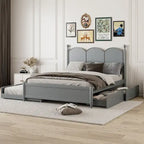 Cama plataforma queen gris/nogal/blanco con nido y 2 cajones, capacidad para 2 personas