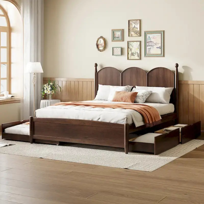 Cama plataforma queen gris/nogal/blanco con nido y 2 cajones, capacidad para 2 personas