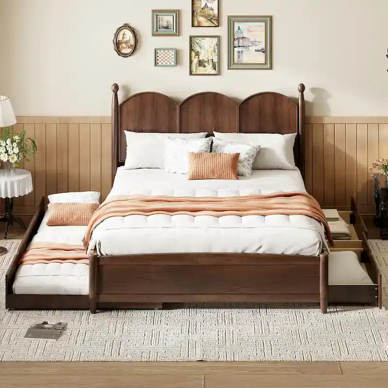 Cama plataforma queen gris/nogal/blanco con nido y 2 cajones, capacidad para 2 personas