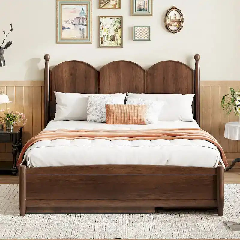 Cama plataforma queen gris/nogal/blanco con nido y 2 cajones, capacidad para 2 personas