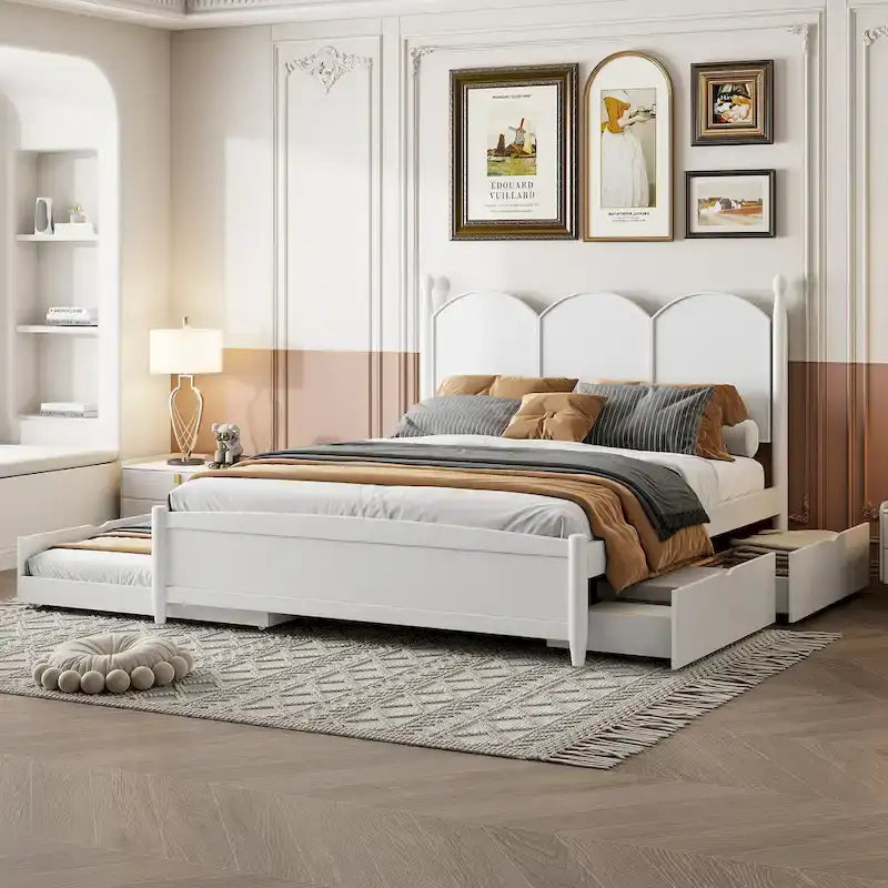 Cama plataforma queen gris/nogal/blanco con nido y 2 cajones, capacidad para 2 personas