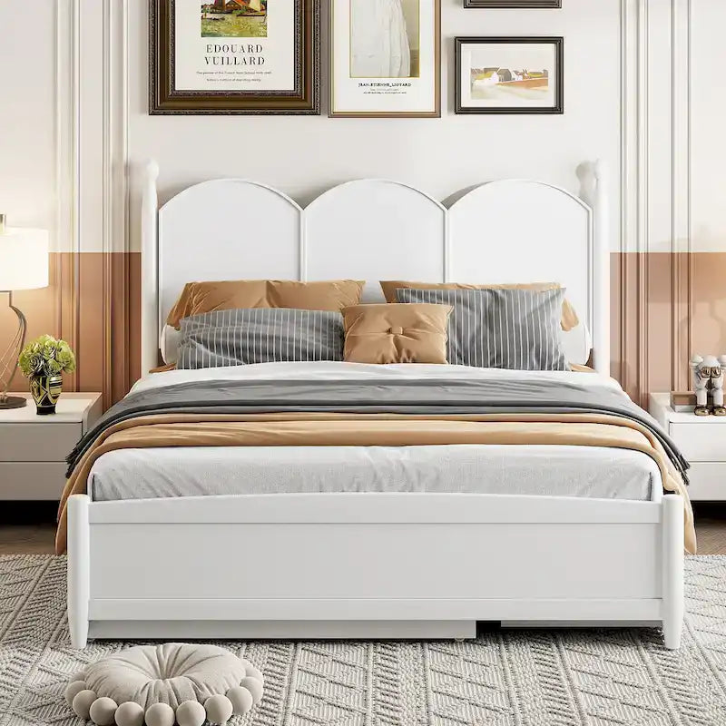 Cama plataforma queen gris/nogal/blanco con nido y 2 cajones, capacidad para 2 personas