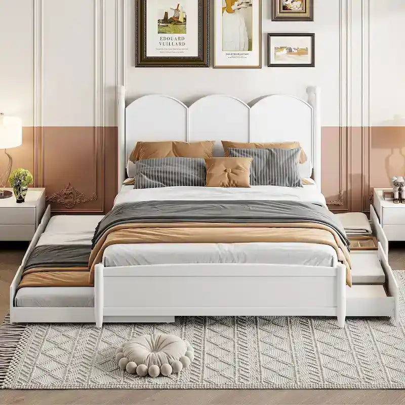 Cama plataforma queen gris/nogal/blanco con nido y 2 cajones, capacidad para 2 personas