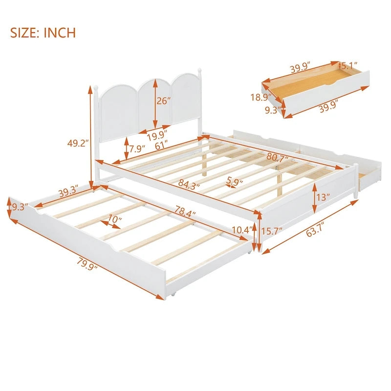 Cama plataforma queen gris/nogal/blanco con nido y 2 cajones, capacidad para 2 personas
