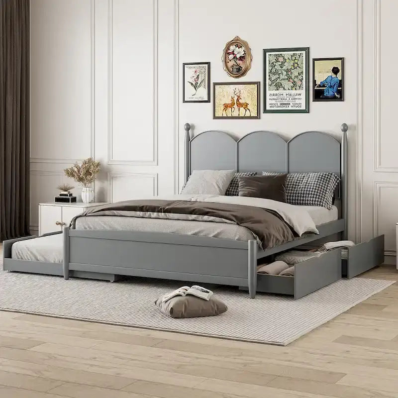 Cama plataforma queen gris/nogal/blanco con nido y 2 cajones, capacidad para 2 personas