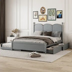 Cama plataforma queen gris/nogal/blanco con nido y 2 cajones, capacidad para 2 personas