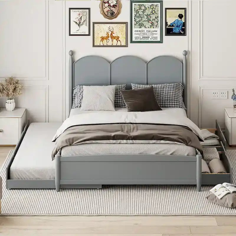 Cama plataforma queen gris/nogal/blanco con nido y 2 cajones, capacidad para 2 personas