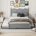 Cama plataforma queen gris/nogal/blanco con nido y 2 cajones, capacidad para 2 personas