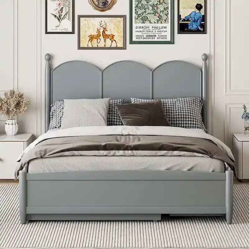 Cama plataforma queen gris/nogal/blanco con nido y 2 cajones, capacidad para 2 personas