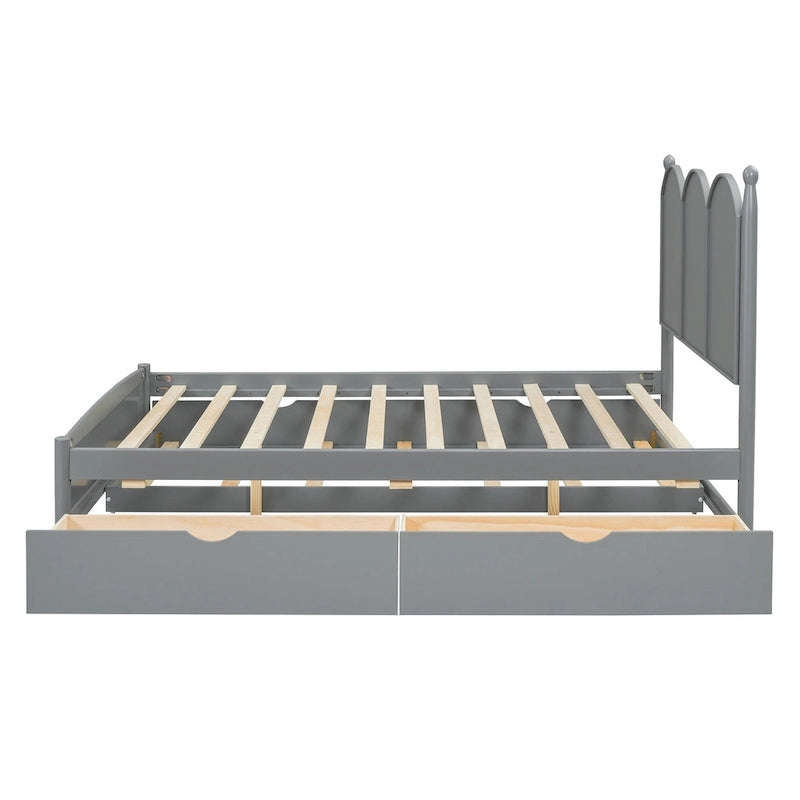Cama plataforma queen gris/nogal/blanco con nido y 2 cajones, capacidad para 2 personas