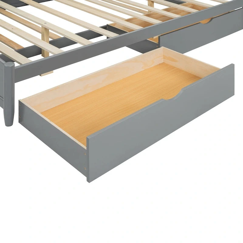 Cama plataforma queen gris/nogal/blanco con nido y 2 cajones, capacidad para 2 personas