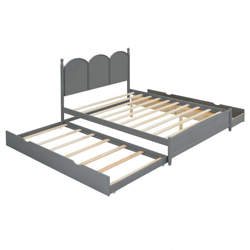 Cama plataforma queen gris/nogal/blanco con nido y 2 cajones, capacidad para 2 personas