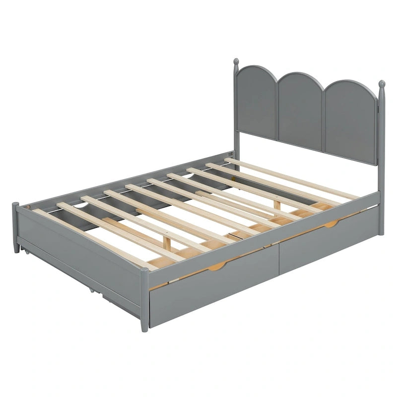 Cama plataforma queen gris/nogal/blanco con nido y 2 cajones, capacidad para 2 personas