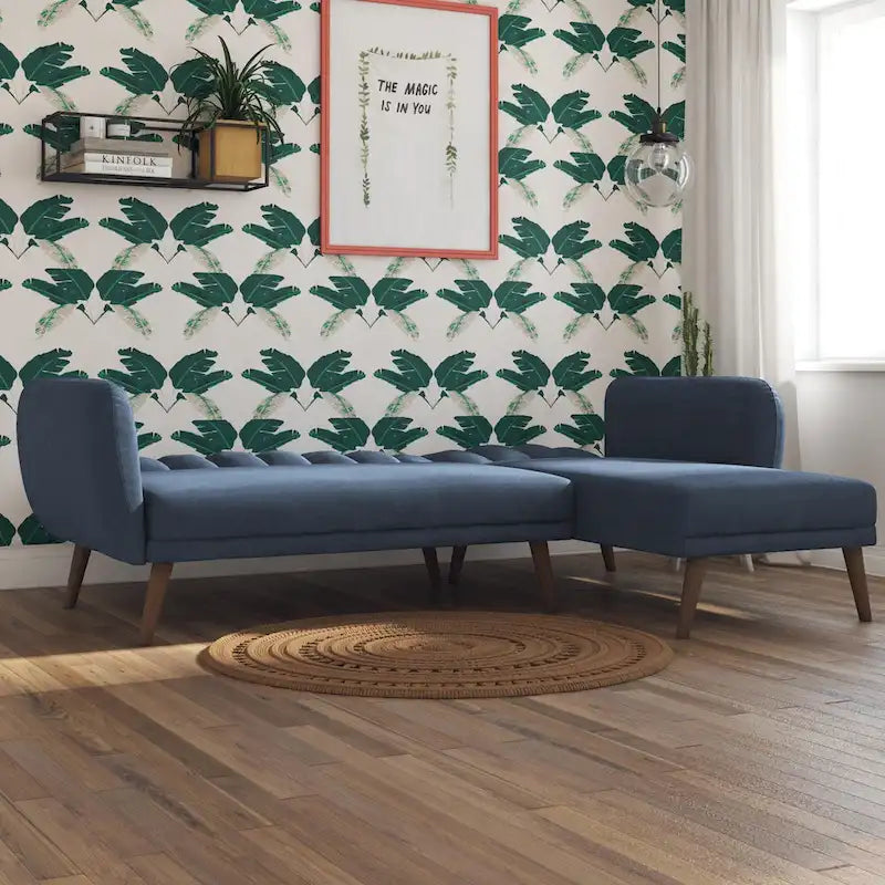 Sofá Futón Seccional de Lino con Chaise Reversible, Asientos para 2–3 (Verde / Gris Claro / Azul)