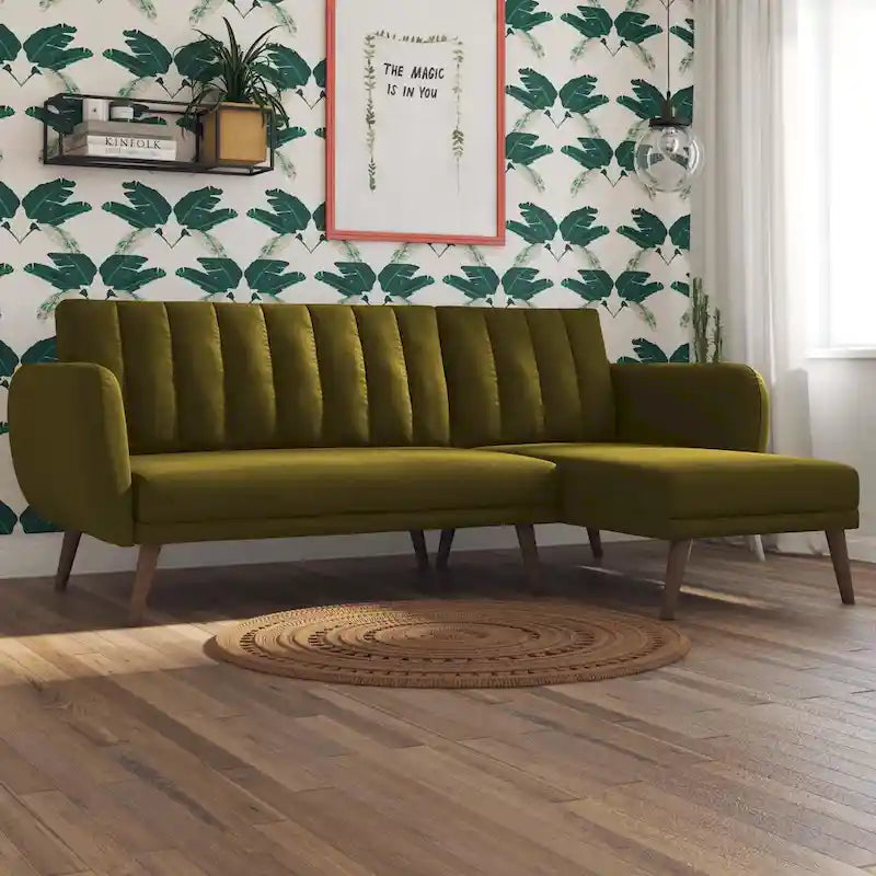 Sofá Futón Seccional de Lino con Chaise Reversible, Asientos para 2–3 (Verde / Gris Claro / Azul)