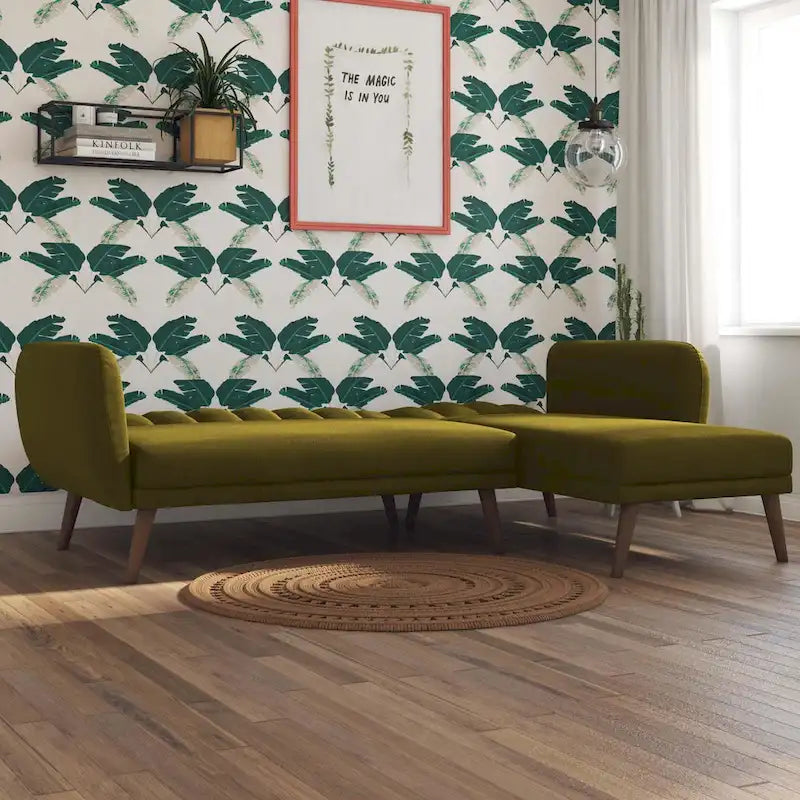 Sofá Futón Seccional de Lino con Chaise Reversible, Asientos para 2–3 (Verde / Gris Claro / Azul)