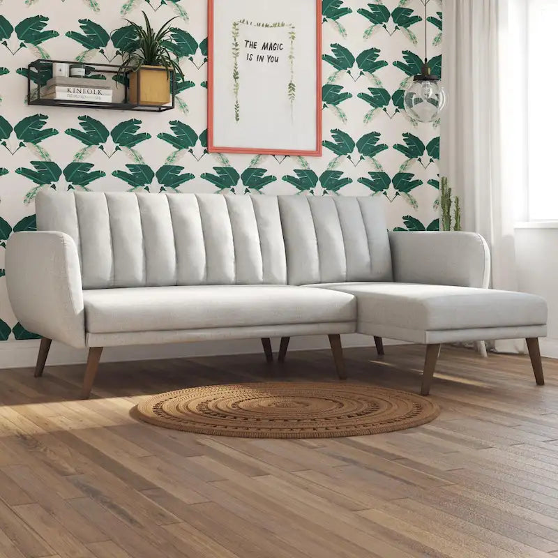 Sofá Futón Seccional de Lino con Chaise Reversible, Asientos para 2–3 (Verde / Gris Claro / Azul)