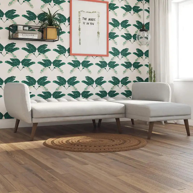 Sofá Futón Seccional de Lino con Chaise Reversible, Asientos para 2–3 (Verde / Gris Claro / Azul)