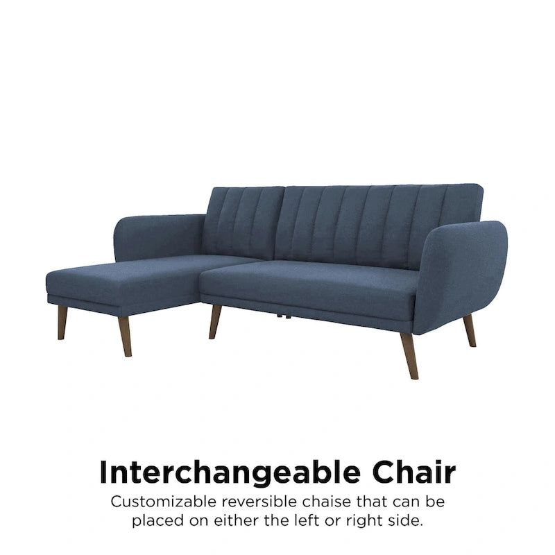 Sofá Futón Seccional de Lino con Chaise Reversible, Asientos para 2–3 (Verde / Gris Claro / Azul)