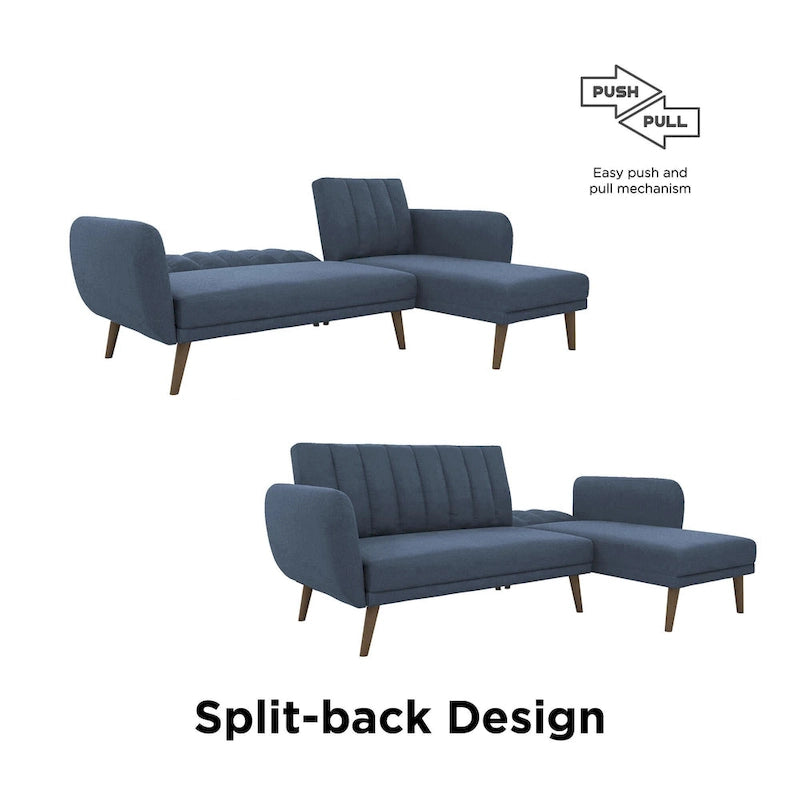 Sofá Futón Seccional de Lino con Chaise Reversible, Asientos para 2–3 (Verde / Gris Claro / Azul)